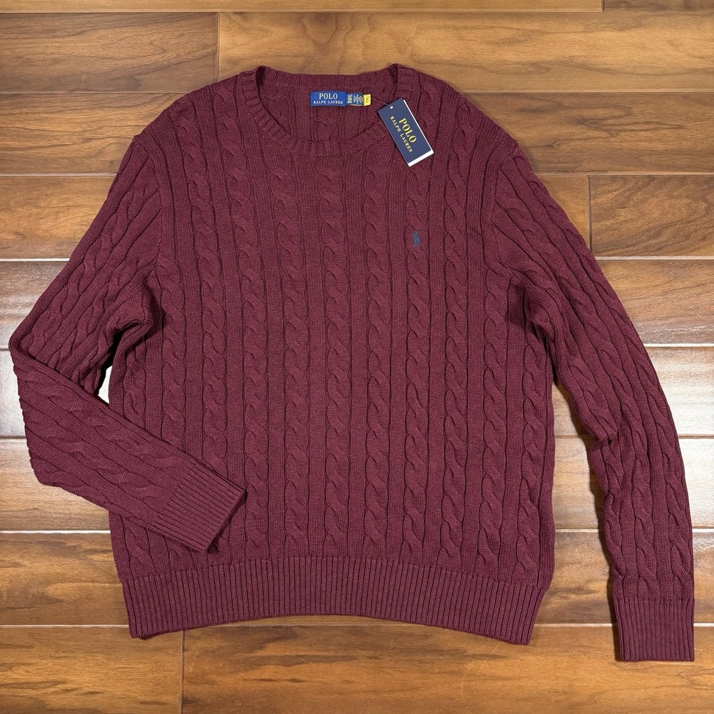 Polo Ralph Lauren Men's Size XLT Wine Cable Knit Cotton Pullover Sweater